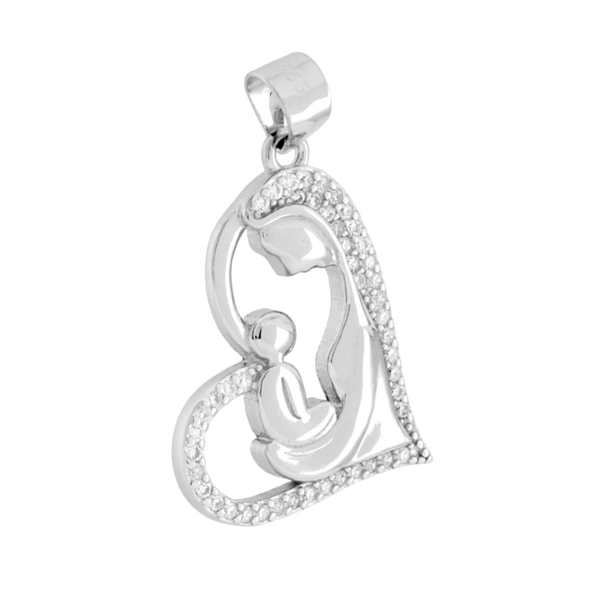Herzanhänger mit Madonna und Kind, weißen Cubic Zirconia, Silber 925 rhodiniert - MeinSchmuckShop