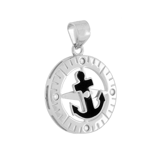 Runder Anhänger mit drehendem Anker, schwarzer Emaille und weißen Cubic Zirconia, aus 925er Silber, rhodiniert. - MeinSchmuckShop