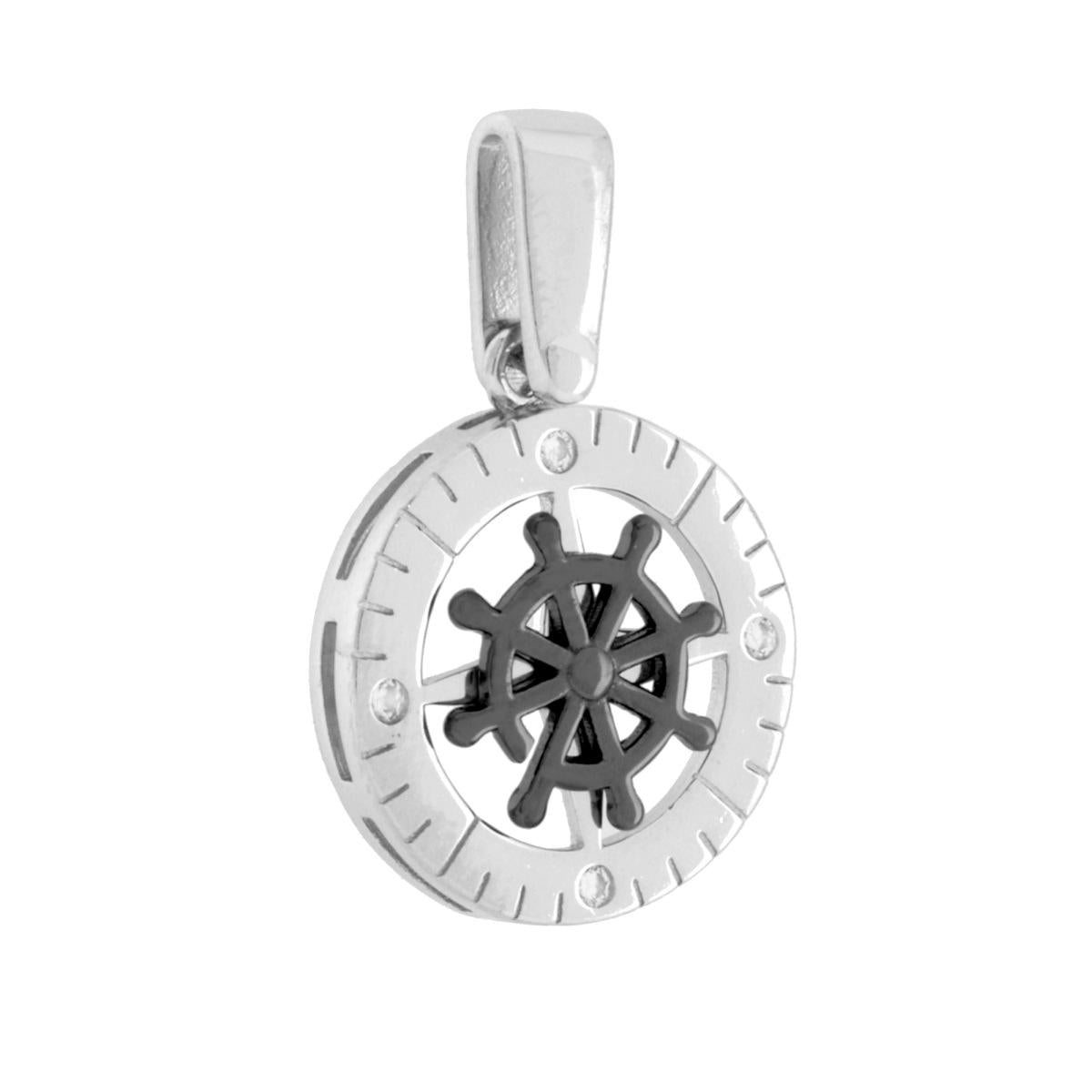 Runder Anhänger mit rotierendem Rudersymbol, schwarzem Emaille und weißen Cubic Zirconia aus 925er Silber, rhodiniert galvanisch - MeinSchmuckShop