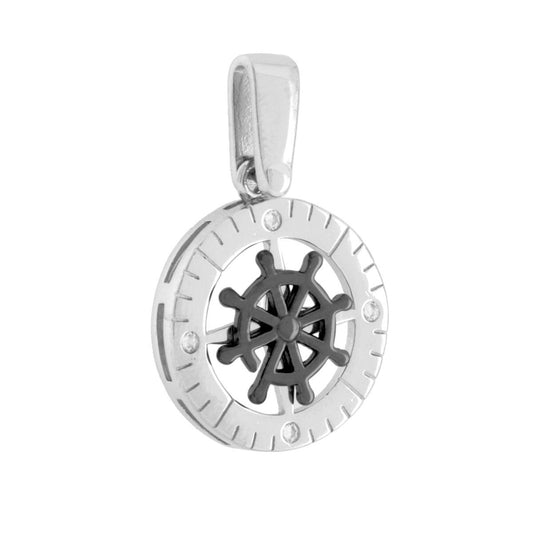 Runder Anhänger mit rotierendem Rudersymbol, schwarzem Emaille und weißen Cubic Zirconia aus 925er Silber, rhodiniert galvanisch - MeinSchmuckShop