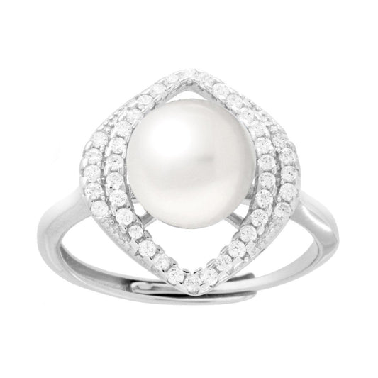 Ovaler Navette-Ring mit Süßwasserperle und weißen Cubic-Zirkonien in rhodiniertem 925er Silber - MeinSchmuckShop
