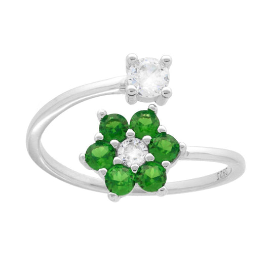Ring Gegenüber Blume und Lichtpunkt mit Smaragdgrünen und Weißen Cubic Zirkonien in 925er Silber, galvanisch Rhodium - MeinSchmuckShop