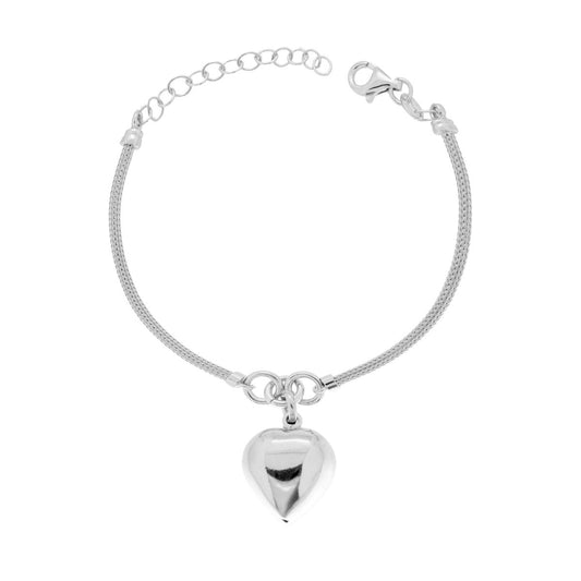 Armband mit Netzglied-Kette, mit gewölbtem Herz-Anhänger aus 925er Silber, rhodiniert - MeinSchmuckShop