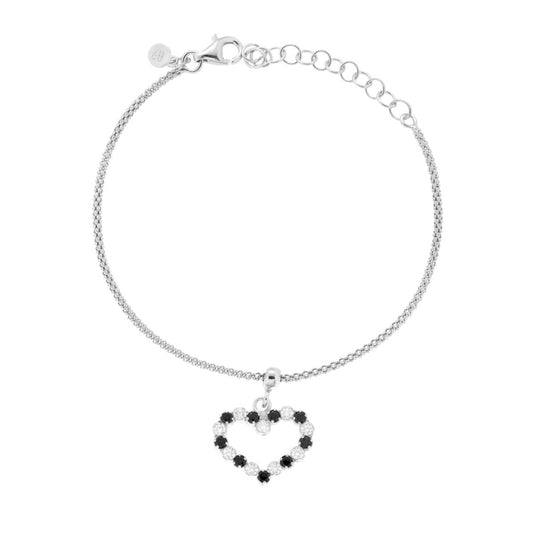 Armband mit koreanischer Gliederkette, Herz und schwarzen und weißen Cubic Zirconia, aus Silber 925, rhodiumbeschichtet. - MeinSchmuckShop