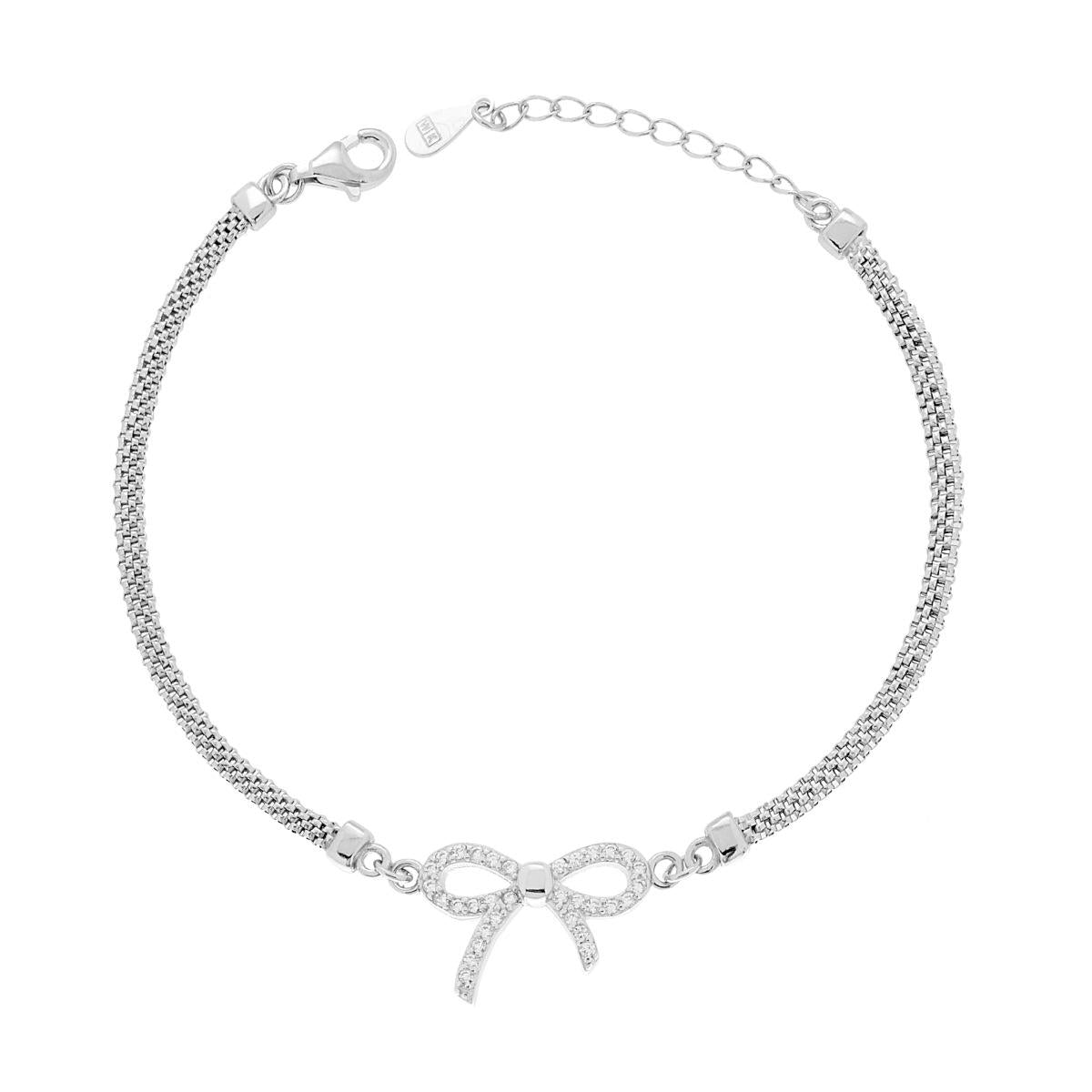 Armband mit Tulpenkette, Schleife und weißen Cubic Zirconia, aus 925er Silber rhodiniert - MeinSchmuckShop