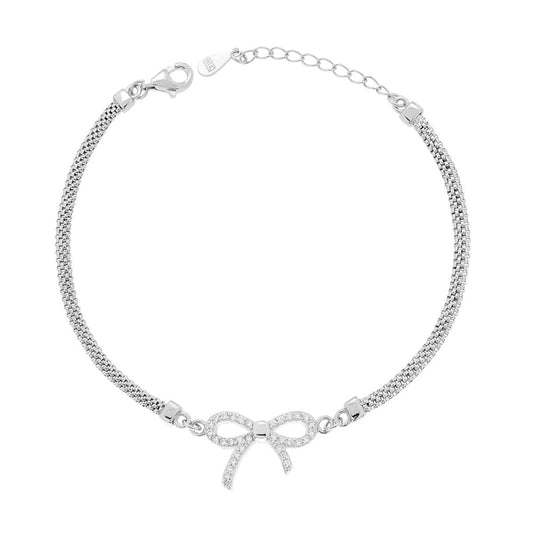 Armband mit Tulpenkette, Schleife und weißen Cubic Zirconia, aus 925er Silber rhodiniert - MeinSchmuckShop