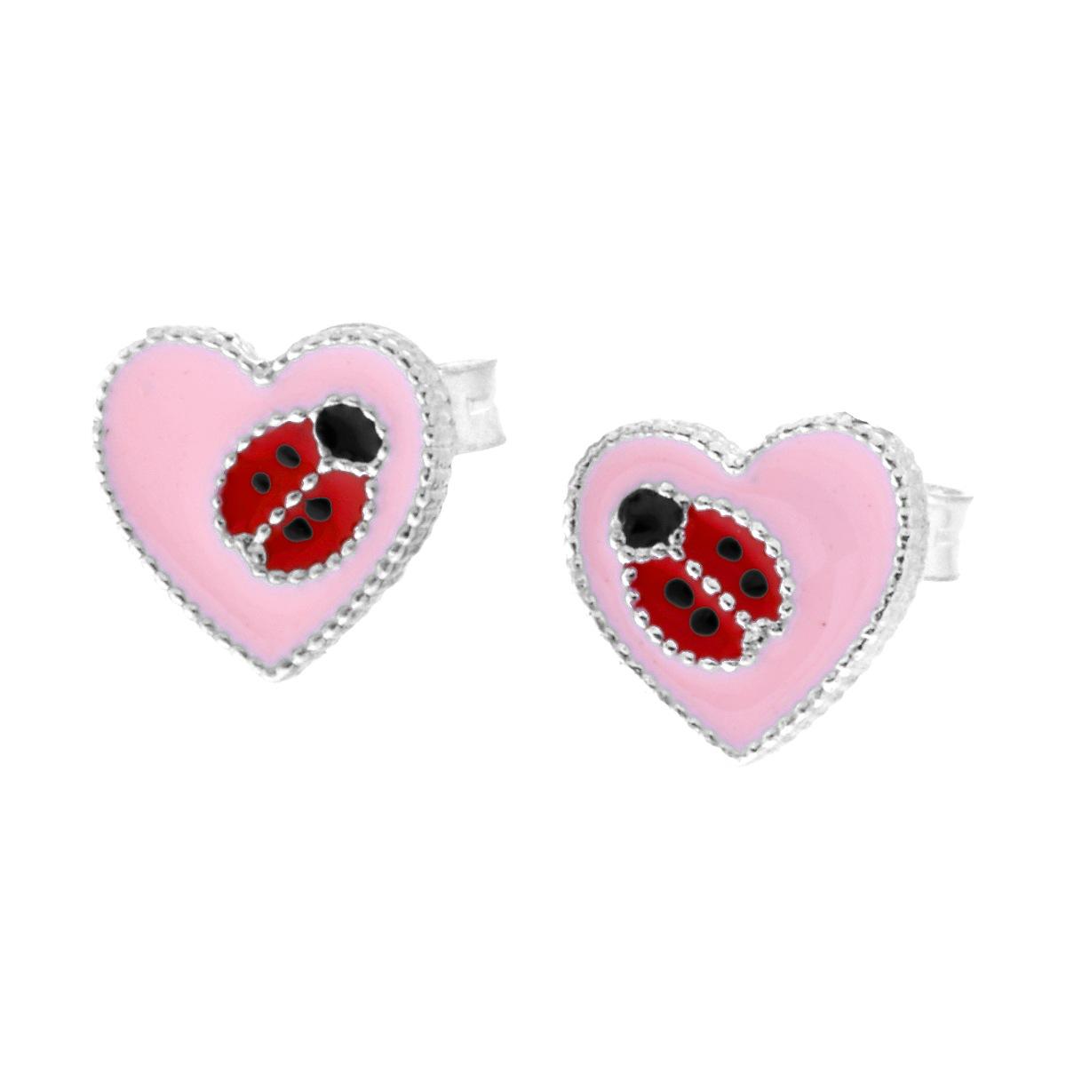 Ohrstecker Herz mit Marienkäfer, Rosa- und Rotemaille, aus 925er Silber, galvanisch rhodiniert - MeinSchmuckShop