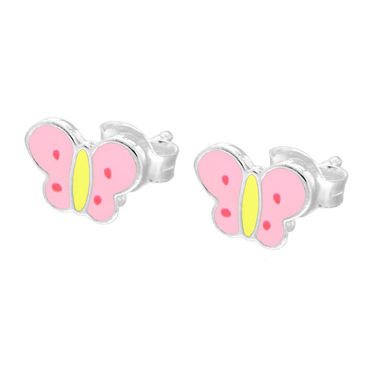 Ohrringe in Schmetterlingsform, rosa und gelb emailliert, aus 925er Silber, rhodiniert - MeinSchmuckShop