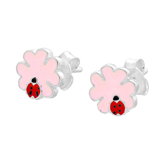 Ohrstecker Vierblättriges Kleeblatt mit Marienkäfer und rosa- sowie roter Emaille aus 925er Silber, rhodium-beschichtet - MeinSchmuckShop