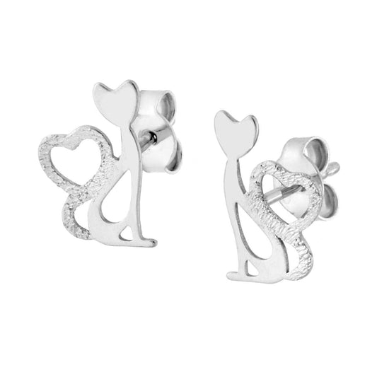Ohrringe Katze mit diamantiertem Herz aus 925er Silber, rhodiniert - MeinSchmuckShop