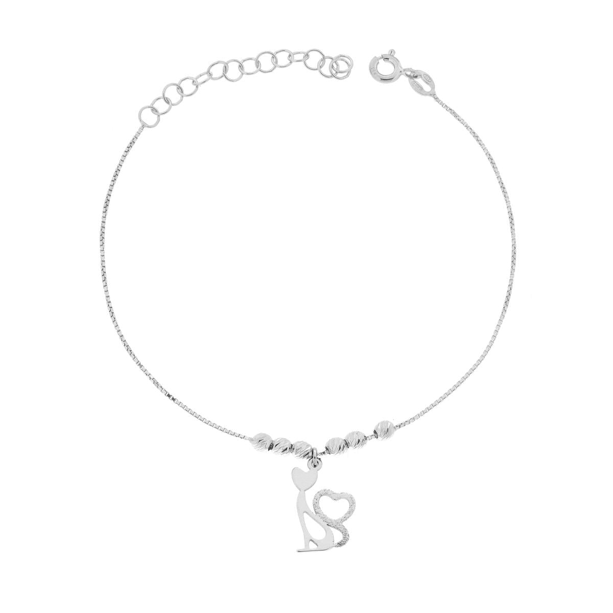 Armband Venezianerkette und diamantierte Kugeln mit Katze und Herz aus 925er Silber, rhodiniert. - MeinSchmuckShop