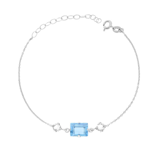 Armband mit Forzatina-Kette, diamantiert, mit runden Lichtpunkten und Baguette-Kristallen in Weiß und Aquamarin, Silber 925 rhodiniert - MeinSchmuckShop