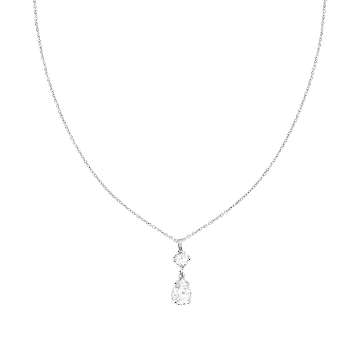Halskette aus feiner Kette, diamantiert, mit runden Lichtpunkten und weißem Kristall-Tropfen, aus 925er Silber, rhodium galvanisiert. - MeinSchmuckShop