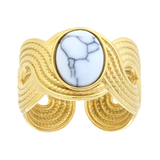 Ring, Band Geflecht, antik, mit ovalem Stein in weißer Howlith-Farbe, aus Stahl in Goldfarbe - MeinSchmuckShop