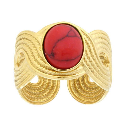 Ring mit breitem antik geflochtenem Band, ovaler Stein in Korallenfarbe, aus Edelstahl, goldfarben. - MeinSchmuckShop