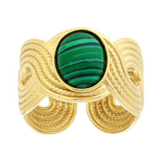 Ring mit antikem Geflechtsband, ovaler Stein in Malachitfarbe, aus Edelstahl, goldfarben - MeinSchmuckShop