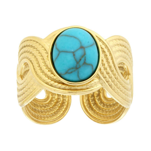 Ringband Geflecht Antik mit ovalem Stein in Türkis, Edelstahl, Goldfarbe - MeinSchmuckShop