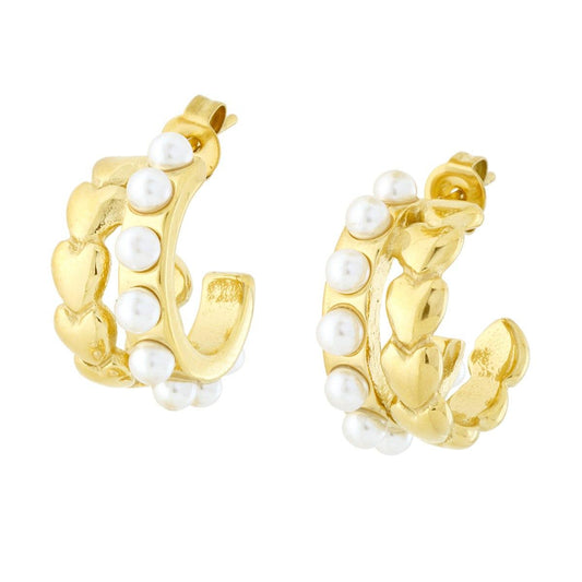 Ohrringe doppelter Kreis mit Perlen und Herzen aus Edelstahl in Goldfarbe - MeinSchmuckShop