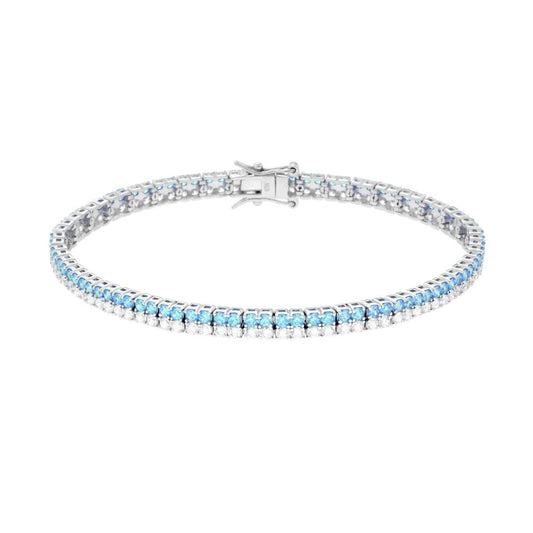 Tennisarmband mit Krappenfassung, 18 cm, zwei Reihen Zirconien 2 mm, Aquamarin und Weiß, in Silber rhodiniert - MeinSchmuckShop