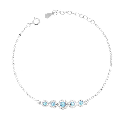 Armband mit Forzatina-Kette, diamantiert, mit Blumen aus Cubic Zirconia, Aquamarin und weißen Steinen, aus 925er Silber rhodiniert - MeinSchmuckShop