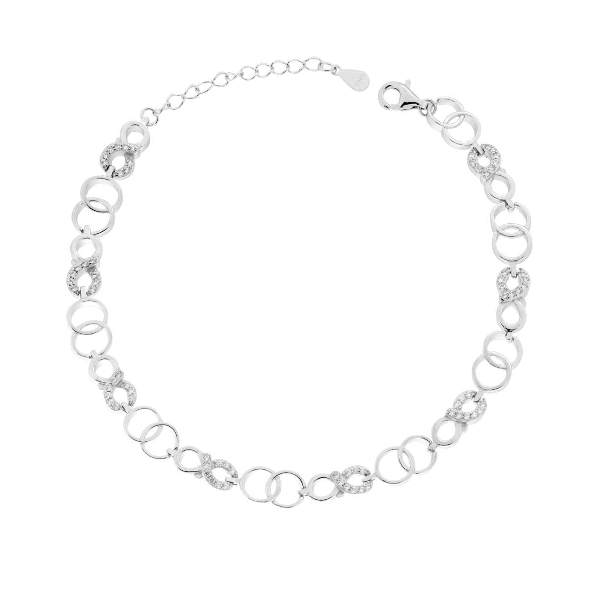 Armband mit gekreuzten Kreisen und Unendlichkeitszeichen, mit weißen Cubic Zirconia, silber galvanisch rhodiniert. - MeinSchmuckShop