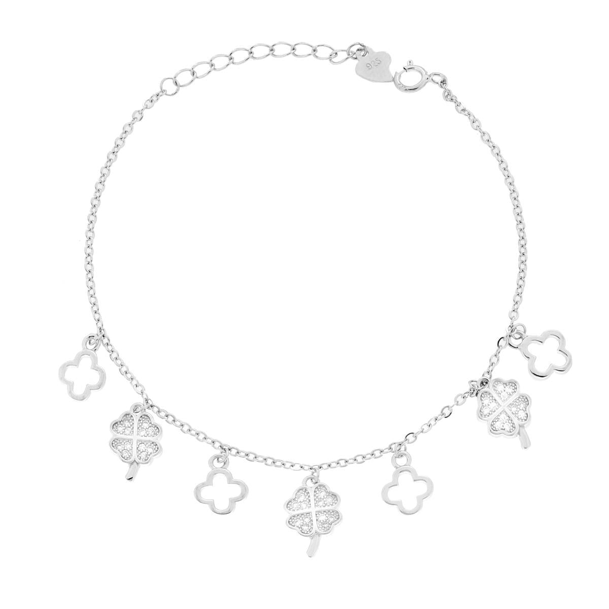 Armband mit Forzatina-Kette, diamantierte Quadrifogli und weißen Cubic Zirconia, aus rhodiniumbeschichtetem Silber - MeinSchmuckShop