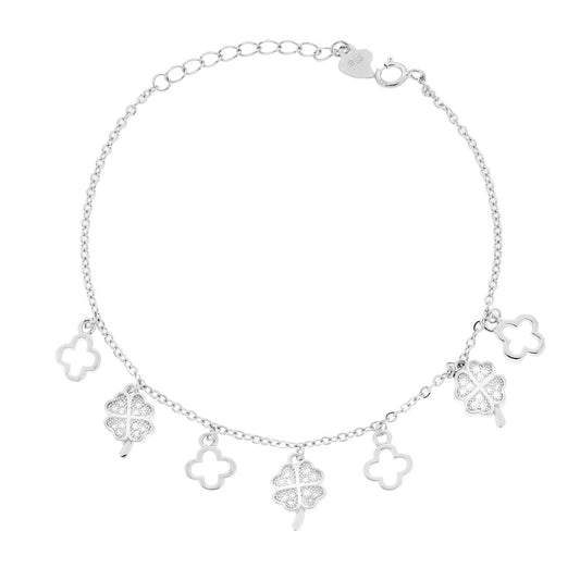 Armband mit Forzatina-Kette, diamantierte Quadrifogli und weißen Cubic Zirconia, aus rhodiniumbeschichtetem Silber - MeinSchmuckShop