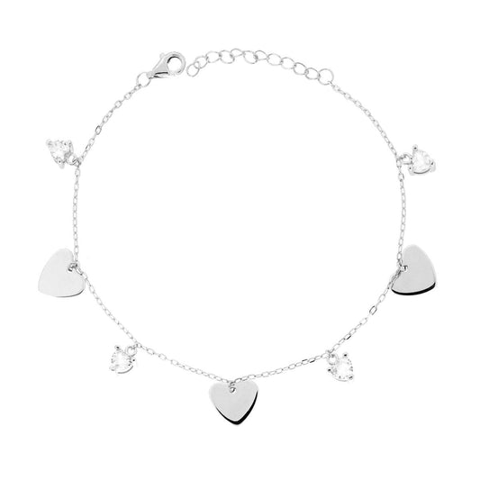 Armband mit Forzatina-Kette, diamantiert; Herzchen glatt und Lichtpunkte; Herz aus weißen Cubic Zirconia; Silber galvanisch Rhodium - MeinSchmuckShop