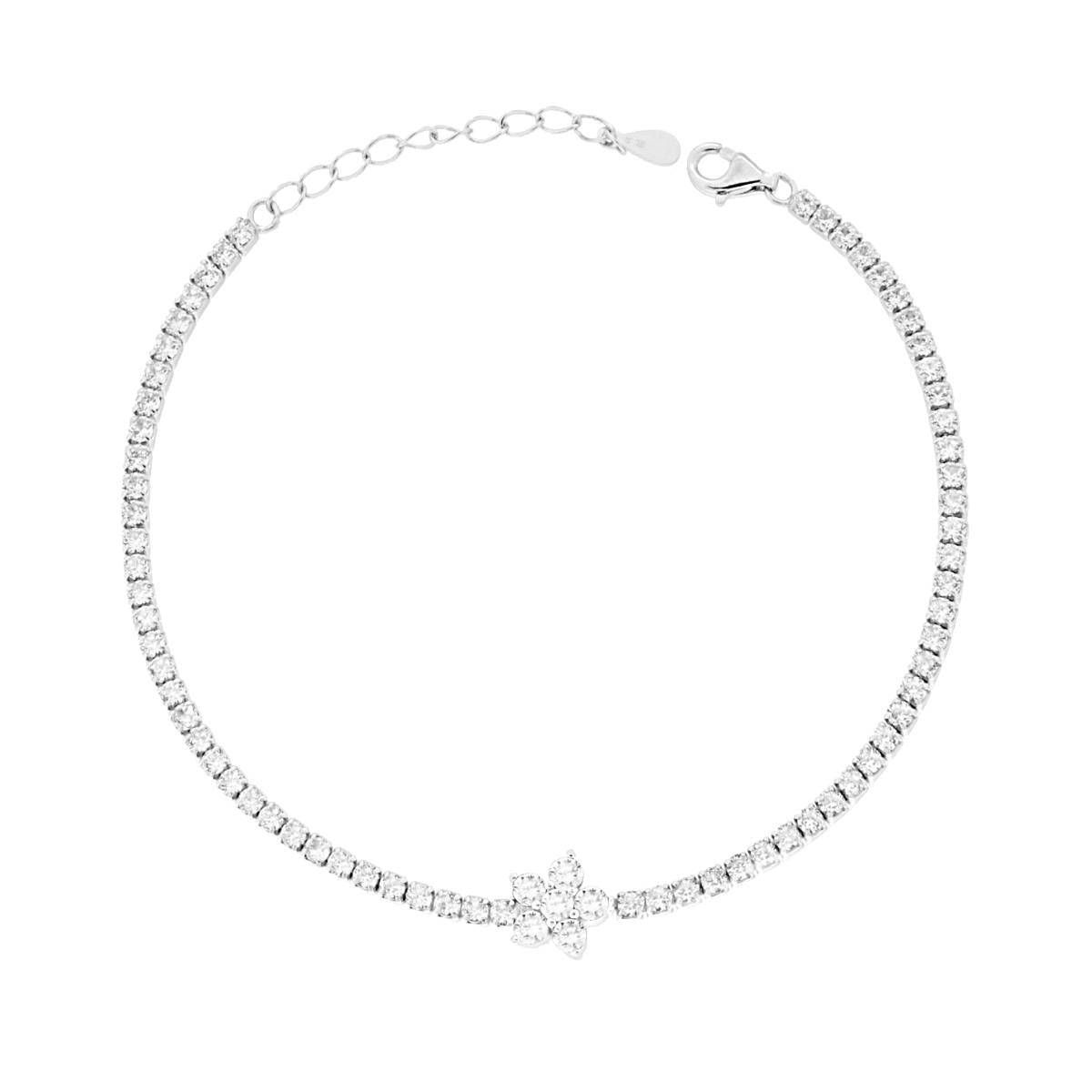 Tennis-Armband mit Griffen, Blume und weißen Cubic Zirconia, in rhodiniertem Silber. - MeinSchmuckShop