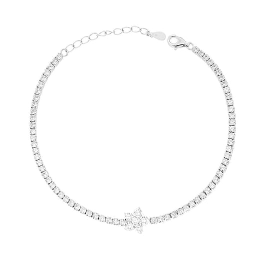 Tennis-Armband mit Griffen, Blume und weißen Cubic Zirconia, in rhodiniertem Silber. - MeinSchmuckShop
