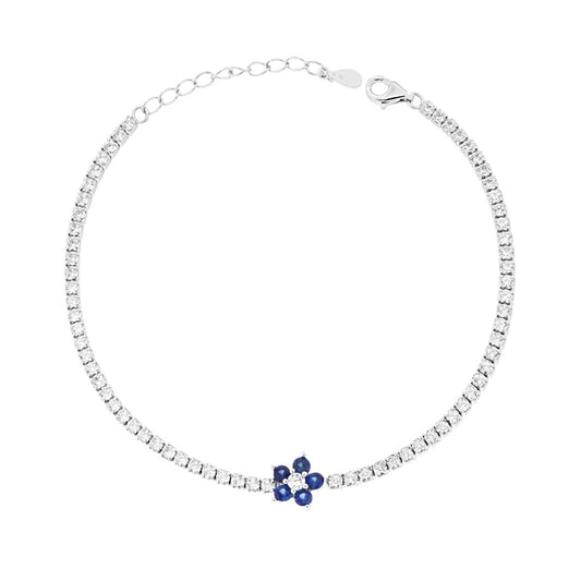Tennisarmband mit Griffen, Blume Blau Saphir und weiße Cubic Zirconia im rhodinierten Silber - MeinSchmuckShop
