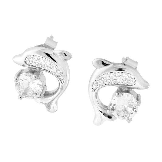 Delfin-Ohrstecker mit weißem Cubic Zirconia-Lichtpunkt in 925er Silber, rhodiniert - MeinSchmuckShop