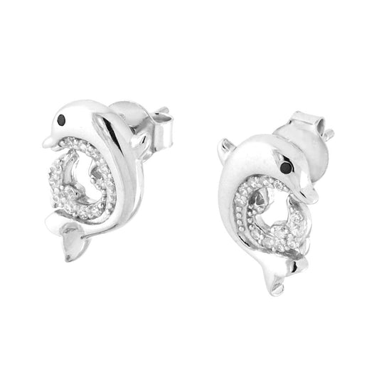 Delfin-Ohrringe mit weißen Cubic Zirconia aus 925er Silber rhodiniert - MeinSchmuckShop