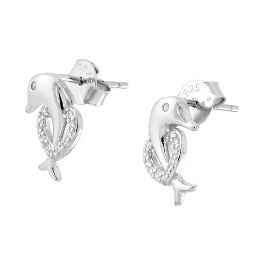 Ohrringe Delfin und Herz mit weißen Cubic Zirconia in 925er Silber, galvanisch rhodiniert. - MeinSchmuckShop