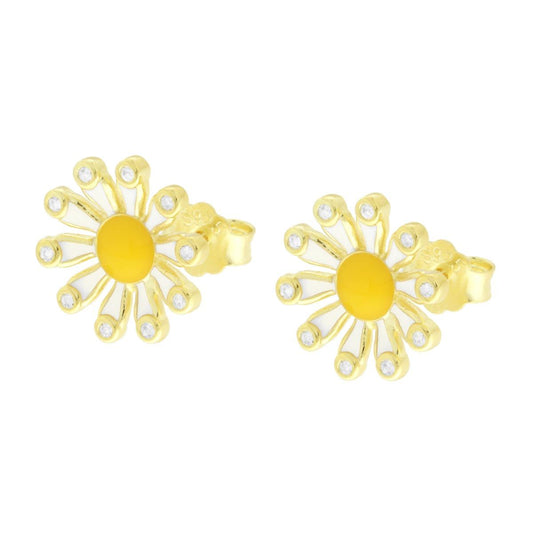 Blumen-Ohrringe mit weißen Cubic-Zirkonien und Gelb- und Weißemaille aus 925er Silber, Gold plattiert - MeinSchmuckShop
