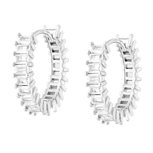 Ohrringe, Kreis mit Klappverschluss, Ø 21 mm, mit weißen Baguette-Cubic-Zirkonien, aus 925er Silber, rhodiniert. - MeinSchmuckShop