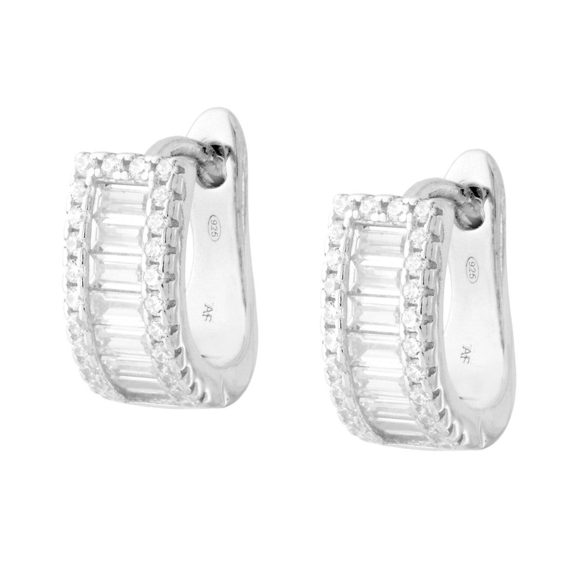 Hoop-Ohrringe, 13 mm, mit Baguette-Kubischer Zirkon, weiß, aus 925er Silber, rhodiniert - MeinSchmuckShop