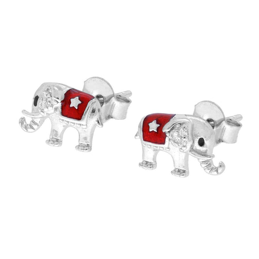 Elefanten-Ohrstecker mit weißen Cubic Zirconia und rotem Emaille, Silber 925, rhodiniert - MeinSchmuckShop