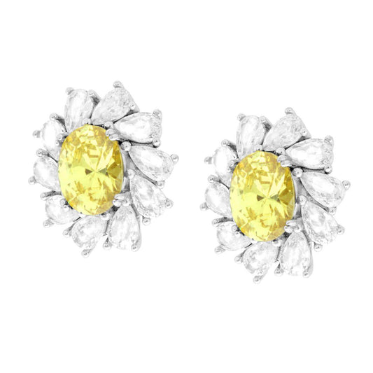 Ohrstecker Ovaler Gelber Topas, umgeben von weißen Cubic Zirconia-Tropfen, aus 925er Silber, rhodiniert. - MeinSchmuckShop