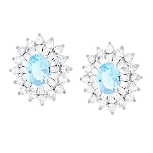 Ohrstecker oval aus Aquamarin, umrandet von Cubic Zirconia, weiße Trapeze, Silber 925, rhodiniert - MeinSchmuckShop