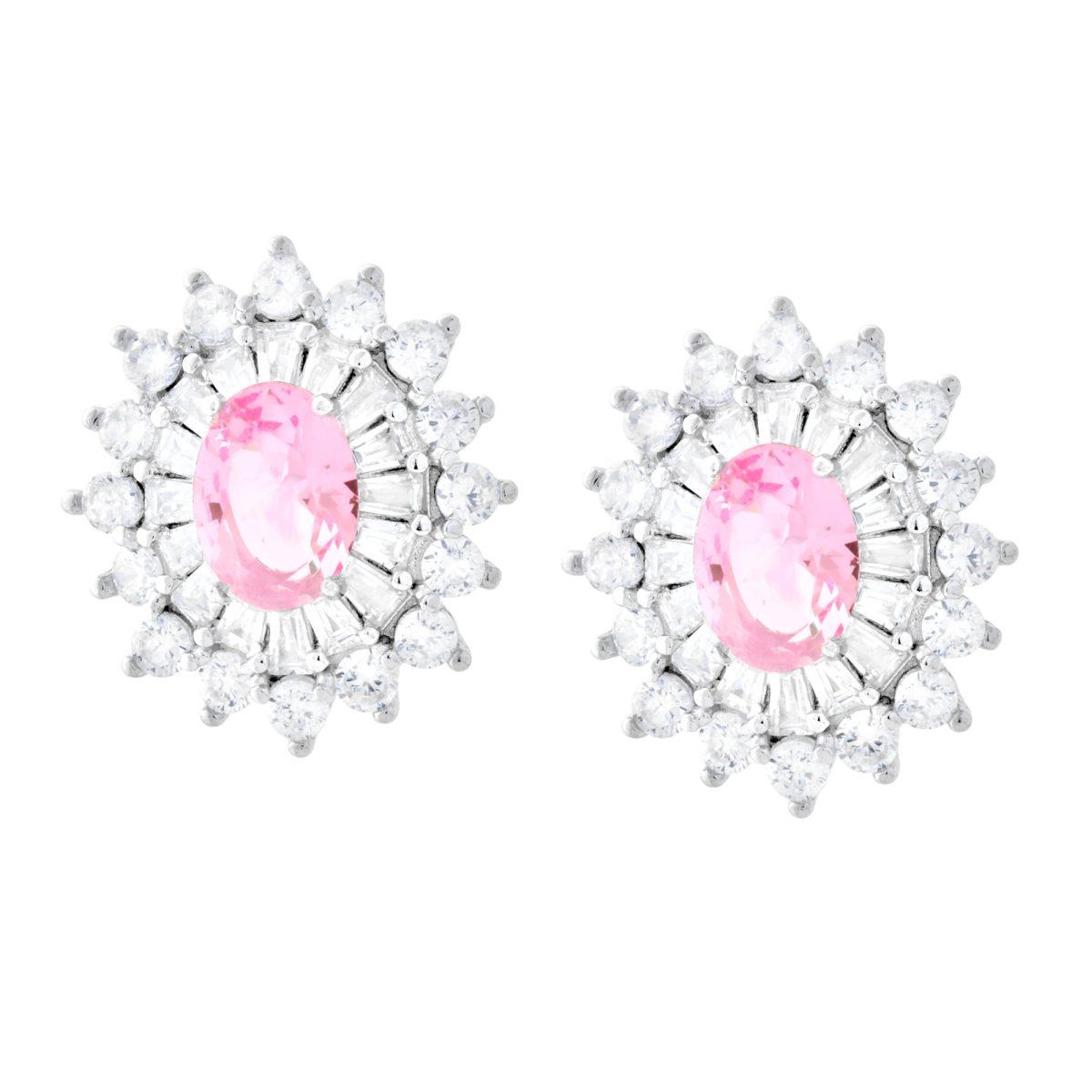 Ohrstecker oval rosa, umrundet von Cubic Zirconia, trapezförmige weiße Steine, aus 925er Silber rhodiniert (galvanisch rhodiniert) - MeinSchmuckShop
