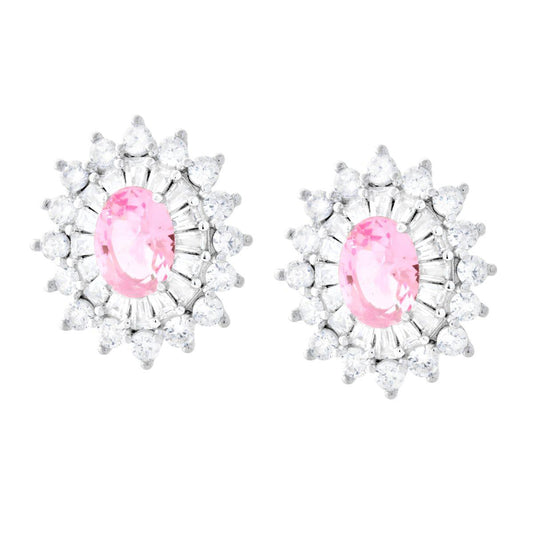 Ohrstecker oval rosa, umrundet von Cubic Zirconia, trapezförmige weiße Steine, aus 925er Silber rhodiniert (galvanisch rhodiniert) - MeinSchmuckShop