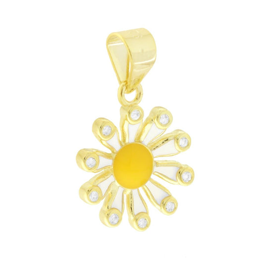 Blumenanhänger mit weißen Zirkonien und gelber sowie weißer Emaille, 925er Silber, Goldplattiert - MeinSchmuckShop