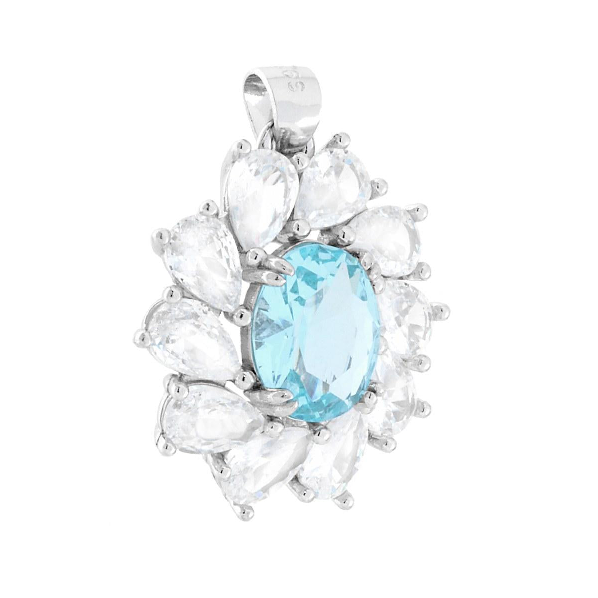 Ovaler Aquamarin-Anhänger, umgeben von weißen Cubic-Zirconia-Tröpfchen, aus 925er Silber rhodiniert - MeinSchmuckShop