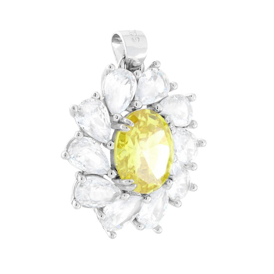 Ovaler Anhänger mit gelbem Topas, umgeben von weißen Cubic Zirconia-Tränen, galvanisch rhodiniert in 925er Silber. - MeinSchmuckShop