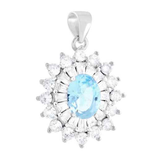 Anhänger Ovaler Aquamarin, umrundet von kubischen Zirkonien in trapezförmigen weißen Steinen, aus 925er Silber, rhodiniert - MeinSchmuckShop