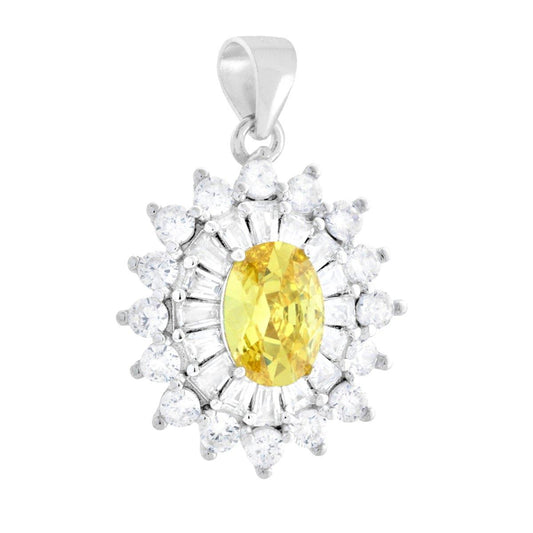 Ovaler Gelber Topas Anhänger, umgeben von weißen Trapez-Cubic-Zirkonien, rhodiniertes 925er Silber. - MeinSchmuckShop