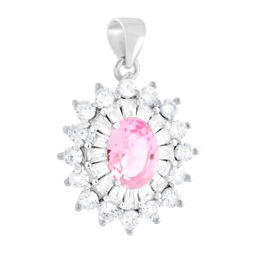 Ovaler rosafarbener Anhänger, umgeben von weißen Cubic Zirconia-Trapezen, aus 925er Silber rhodiniert. - MeinSchmuckShop