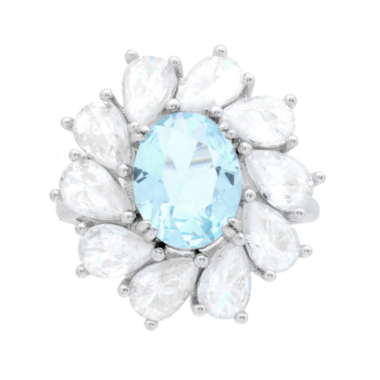 Ovaler Aquamarin-Ring, umgeben von weißen Cubic Zirconia-Tropfen, aus 925er Silber rhodiniert - MeinSchmuckShop