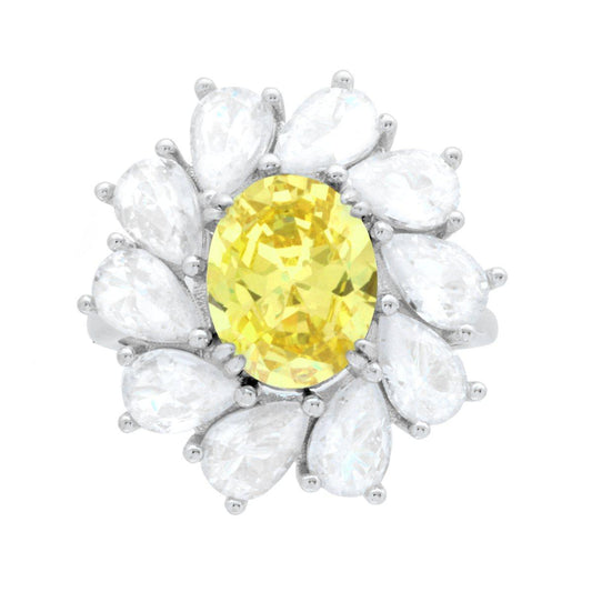 Ovaler Ring mit gelbem Topas, umgeben von weißen Cubic-Zirconia-Tropfen, aus 925er Silber rhodiniert - MeinSchmuckShop